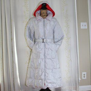 Vintage Sans Egal Sportcaster Hooded Gray Red Long Goose Down Coat Women's M